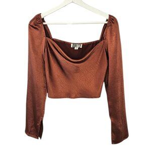 Audrey 3+1 Womens Satiny Cowl Neck Crop Top, Ruched Shoulder, Size M